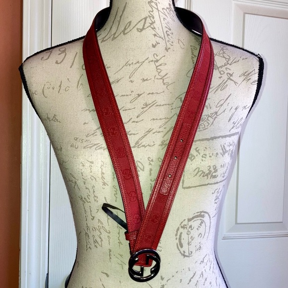 Authentic Gucci 2010s Interlocking GG Buckle Embroidered Leather Belt Red Womens - Picture 8 of 13